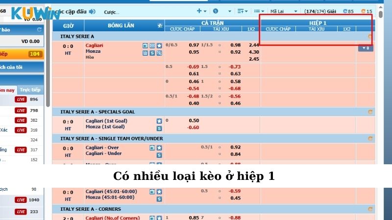 Có nhiều loại kèo ở hiệp 1